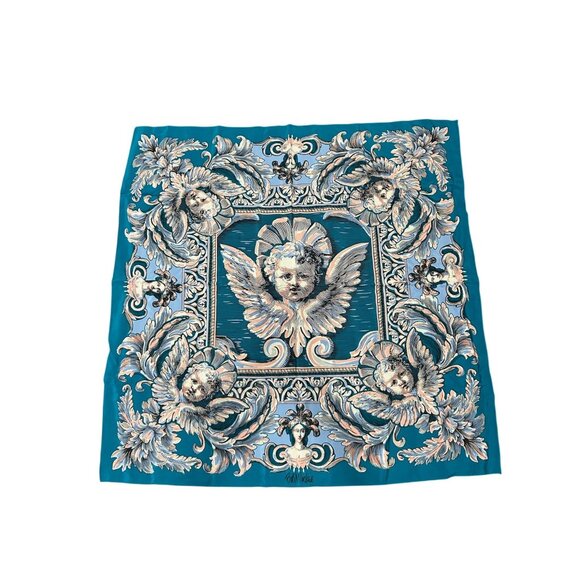 Bob Mackie Designer Angel Print Silk Scarf Square Blue Teal Multi Wrap NWB - Picture 1 of 11